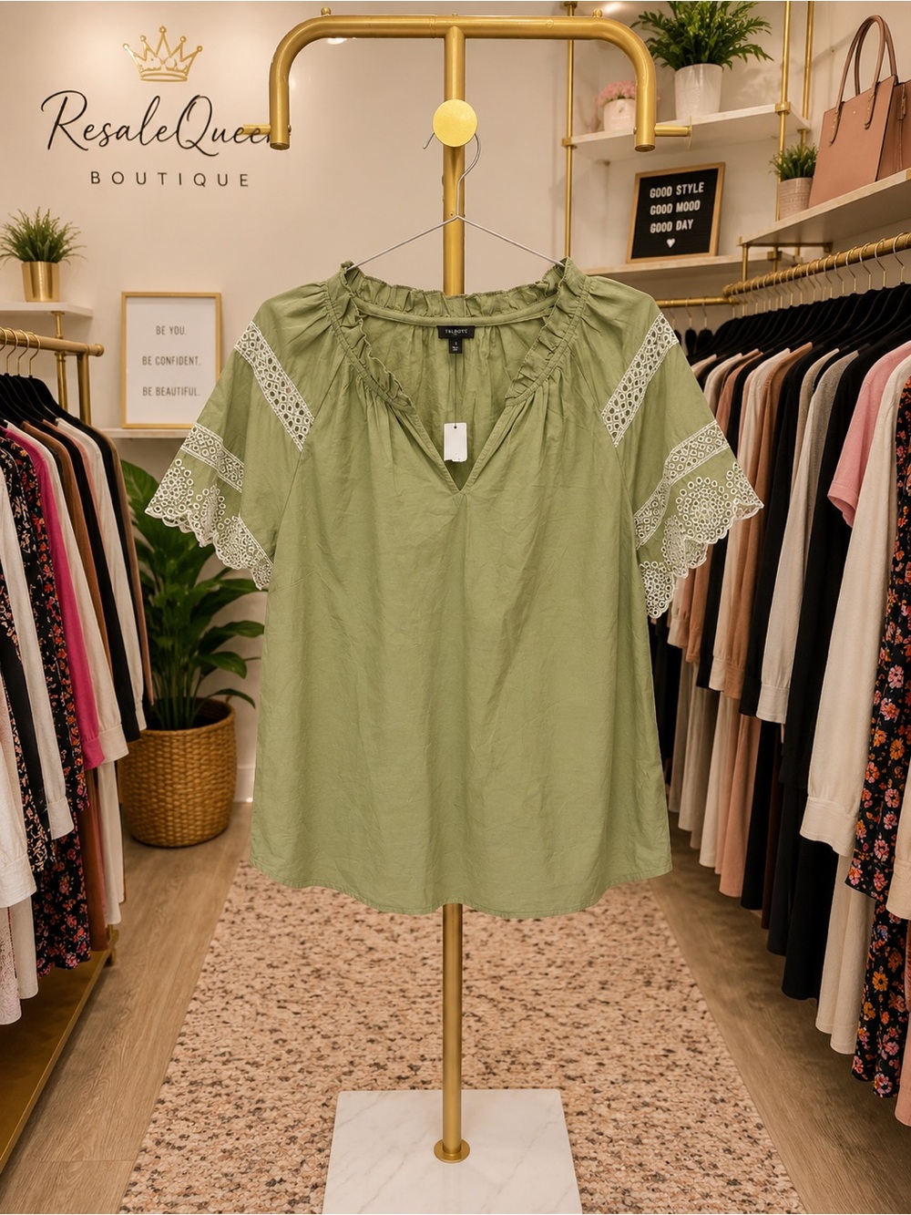 Talbots Sage Green Lace-Trim Peasant Top
